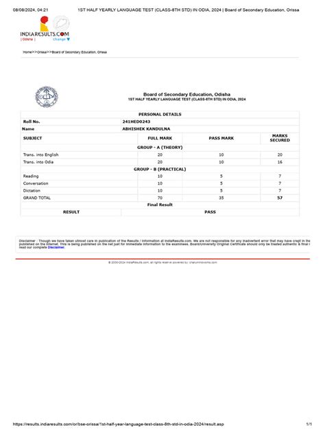 RESULT OF 1ST HALF YEARLY LANGUAGE TEST (CLASS .